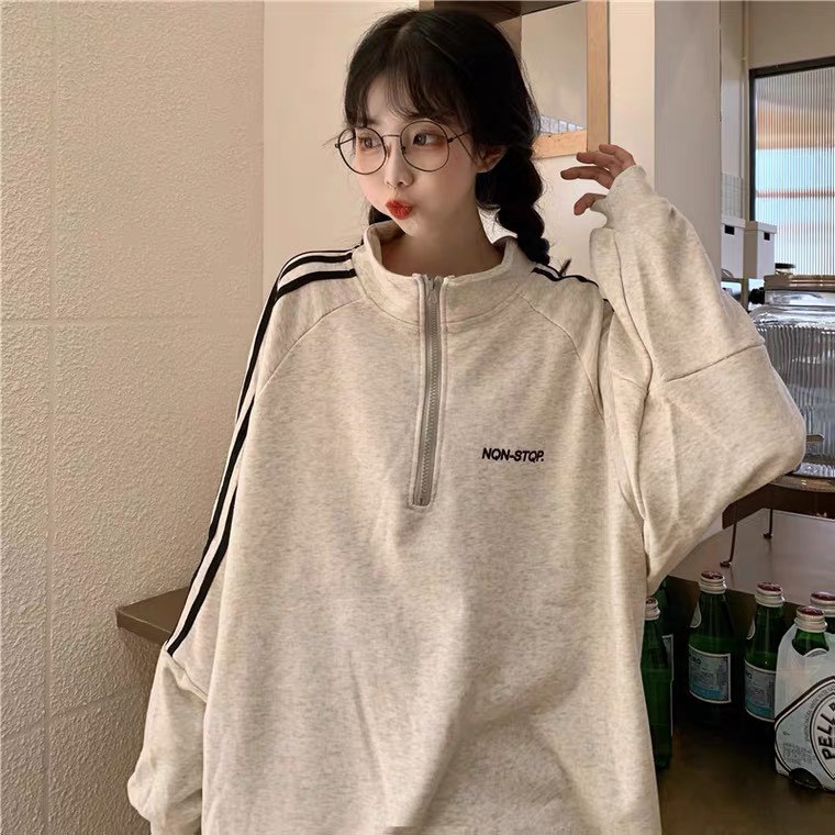 Áo sweater tay sọc phối khóa cổ Ulzzang form rộng phiên bản 2022