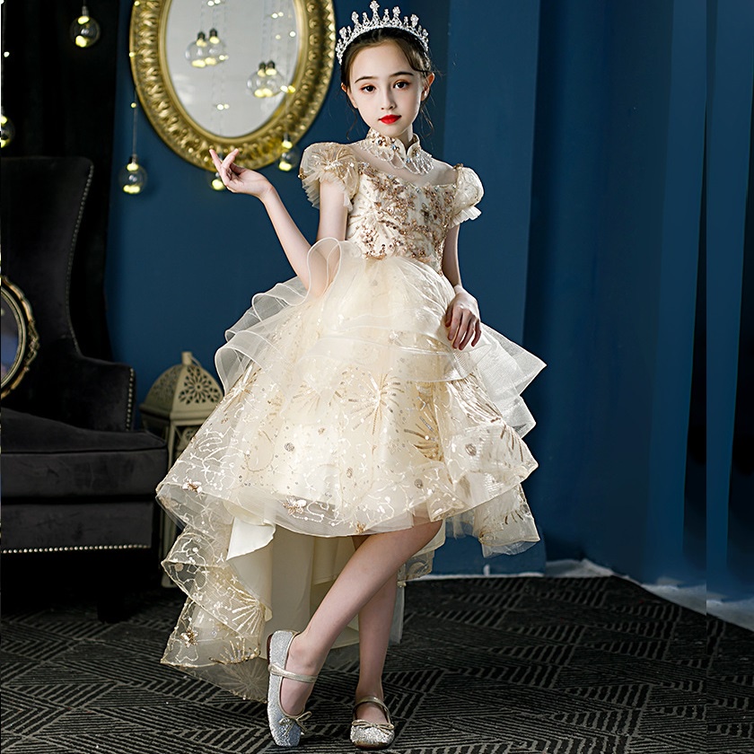 Váy công chúa bé gái thiết kế cao cấp cho bé đi dự tiệc phù dâu sinh nhật đuôi tôm màu vàng tay bồng DBG106