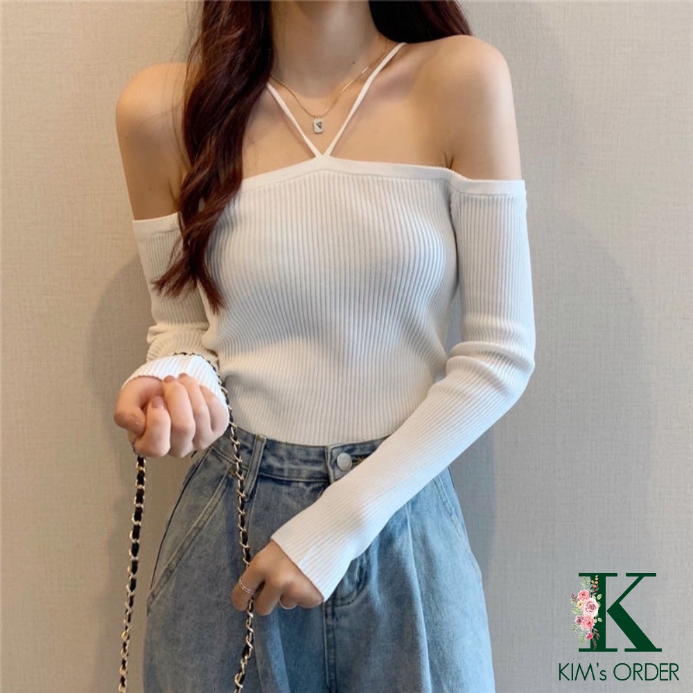 Áo len nữ cổ dây yếm màu đen trắng ghi trễ ngang vai cổ thuyền dài tay phom ôm chất đẹp co dãn đi tiệc sang chảnh