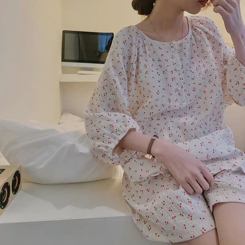 ( CÓ SẴN ) Đồ ngủ pyjama nữ ngắn xô muslin hoạ tiết cherry | BigBuy360 - bigbuy360.vn