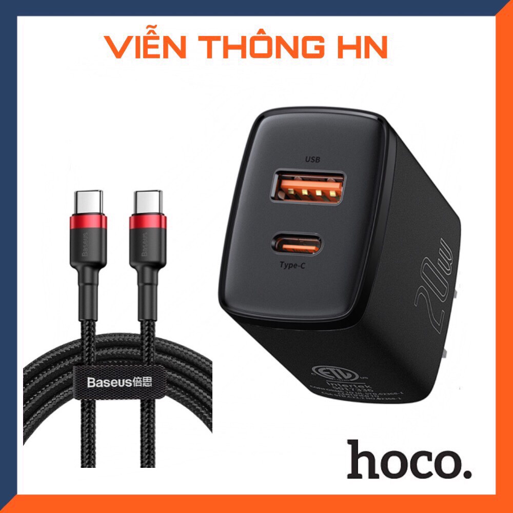Bộ cốc sạc kèm cáp sạc nhanh type c to type c pd 20w qc 3.0 Baseus - củ sạc 2 cổng kèm dây sạc cho samsung oppo,...vv