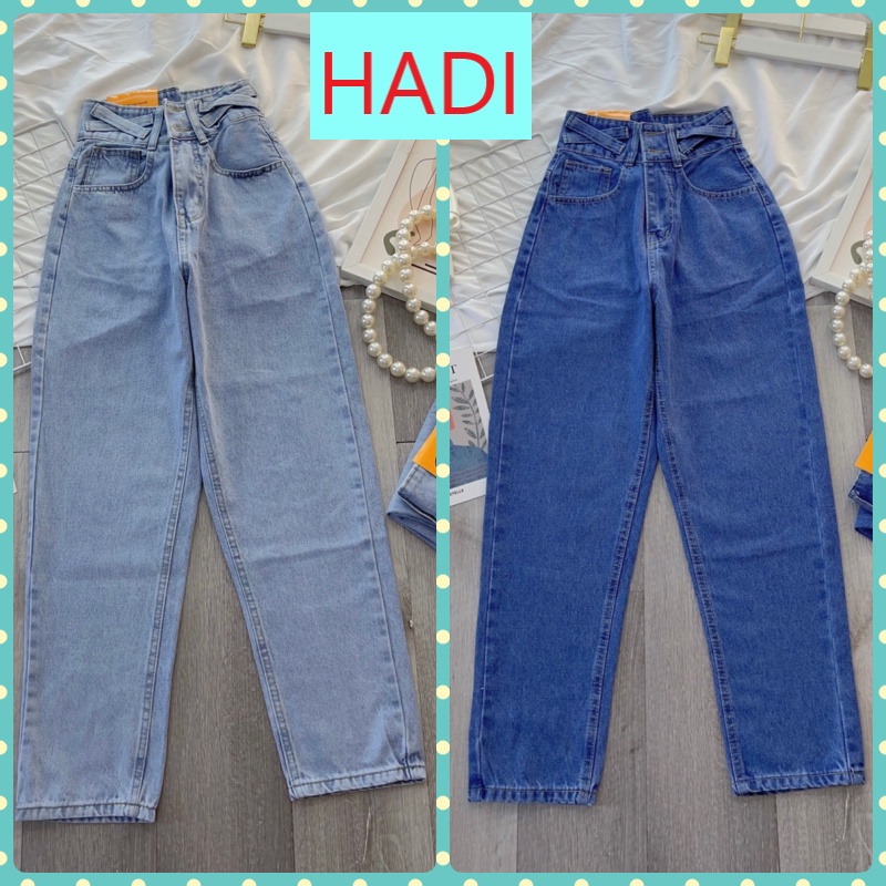 QUẦN BAGGY JEANS NỮ LƯNG CAO 2 NÚT CHÉO NHÂN LAI CUỐN MÀU XANH NHẠT VẢI DÀY DẶN MỀM MỊN CAO CẤP HADI