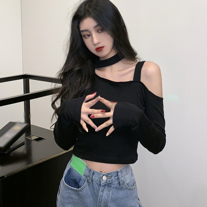 Áo Croptop Tay Dài Thiết Kế Lệch Vai Quyến Rũ Phong Cách Hàn Quốc