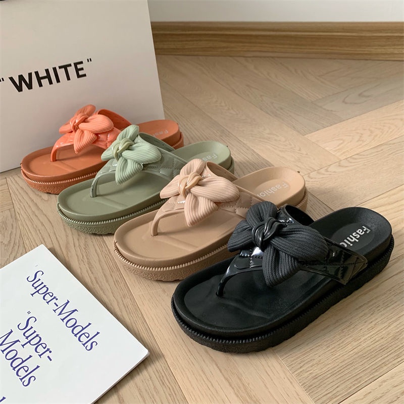 Dép Xỏ Ngón Quai Ngang Đế Dày Đính Nơ Họa Tiết Chấm Bi Dễ Thương Thời Trang Đi Biển Cho Nữ Giày Sandal Nữ TTH297