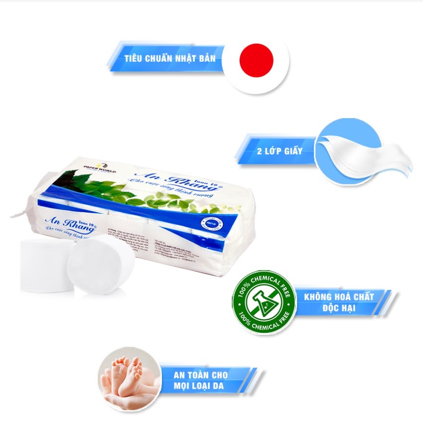 Giấy vệ sinh không lõi AN KHANG INNO AKI10, 100% bột giấy nguyên sinh, dùng trong toilet, hai lớp, 10 cuộn/lốc