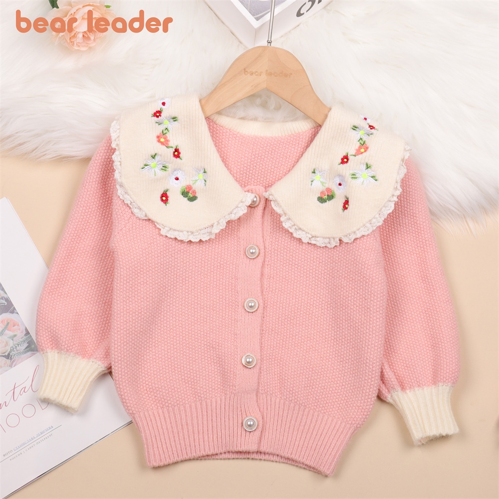 Áo khoác cardigan BEAR LEADER dệt kim tay dài thêu hoa thời trang thu đông phong cách Hàn Quốc cho bé gái 2 - 6 tuổi