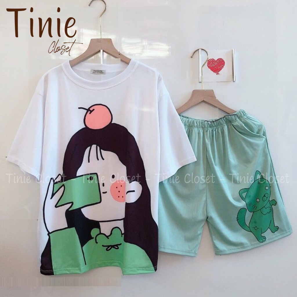 Set đồ bộ hoạt hình nam nữ form rộng Unisex Girl Táo Tinie Closet,Áo thun+quần đùi Freesize