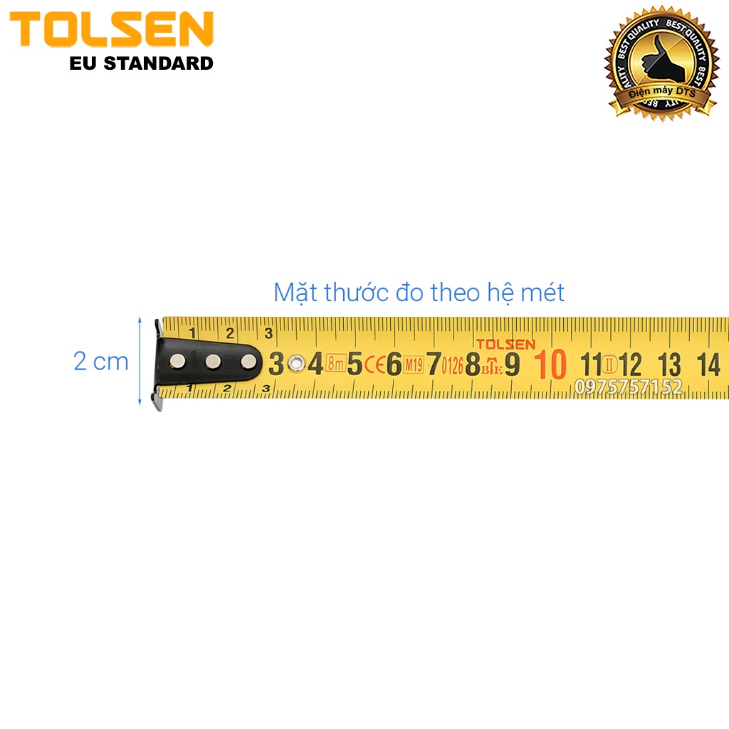 Thước cuộn tự động 10m TOLSEN, thước kéo thép nền vàng công nghiệp vỏ nhựa ABS chống va đập phủ TPR - Tiêu chuẩn châu Âu