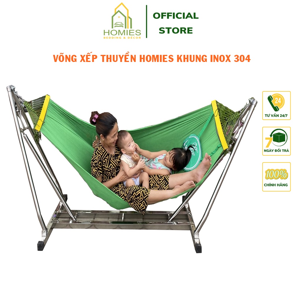 Võng Xếp Thuyền Khung Vuông HOMIE Inox 304  Phi 40 Không Rỉ Sáng Bóng - ( Chịu trọng lực 250kg + Kèm ảnh và video thật )