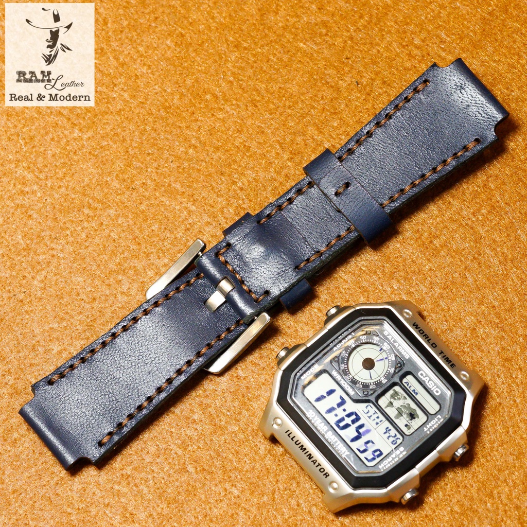 Dây đồng hồ RAM Leather 1993 cho CASIO 1200, AE 1200, 1300, 1100, A159 , A168 , Size 18 da bò màu xanh navy