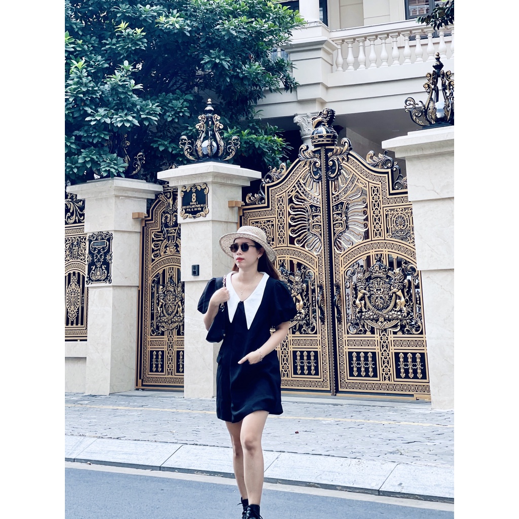 (HÀNG SẴN - ẢNH THẬT) Váy đen cổ gấm có 2 túi đắp, đầm form chữ A tay bồng trên gối trẻ trung, cá tính