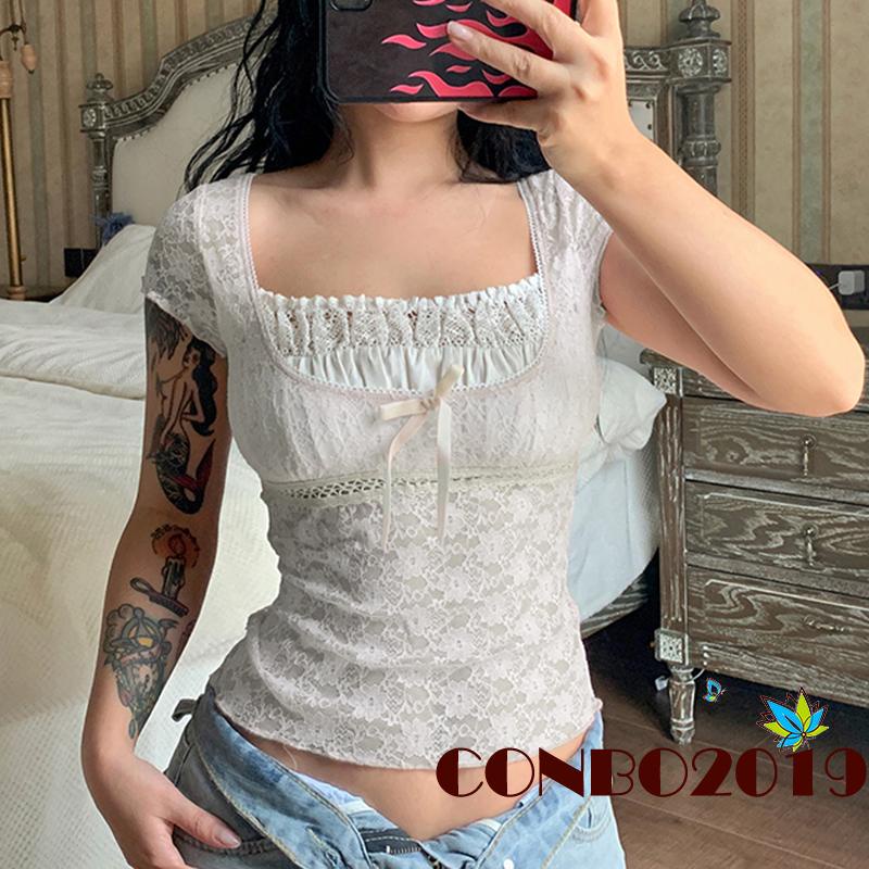 Áo Thun Crop Top Tay Ngắn Cổ Vuông Phối Ren Thời Trang Mùa Hè Cho Nữ