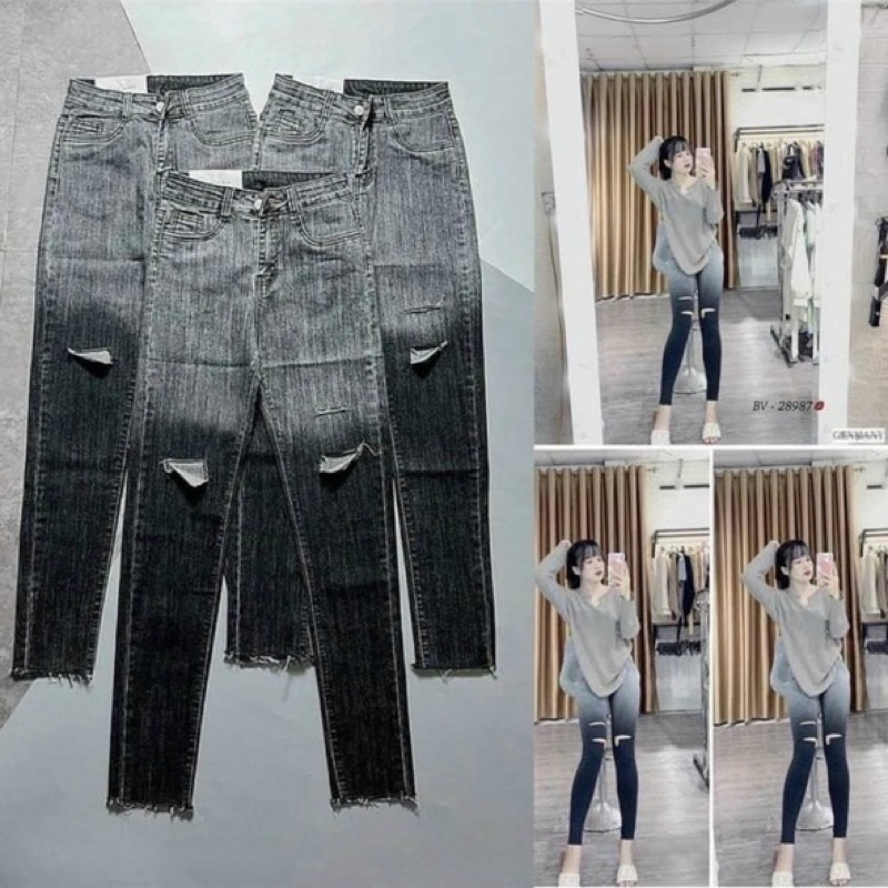 Quần jeans loang 2 màu dáng ôm Quần bò bó loang rách gối