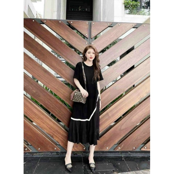 Váy bầu cao cấp chất cotton mát mềm mịn thấm hút mồ hôi kết hợp chân kẻ dập ly( free size 43~70kg)