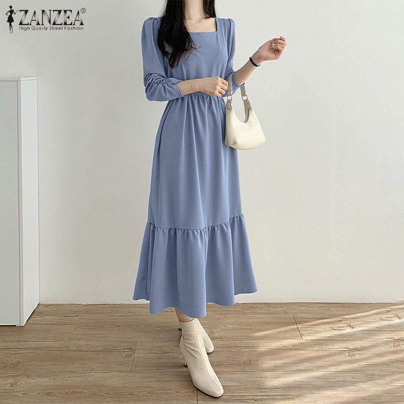Váy maxi ZANZEA cổ vuông tay dài eo cao phối dây buộc phong cách Hàn Quốc thời trang đường phố cho nữ