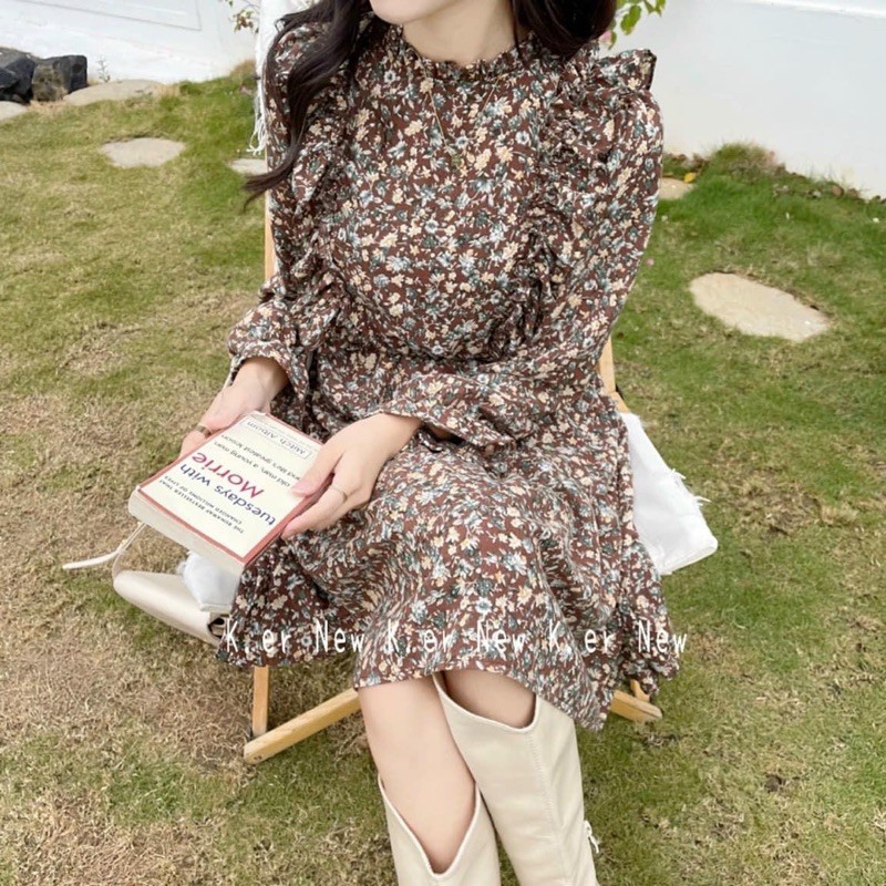 Váy hoa Loli nhún bèo Vintage/Đầm hoa Chiffon nhún bèo xinh xắn(Ker.) | BigBuy360 - bigbuy360.vn