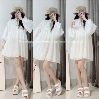 Florence - Đầm babydoll trắng cổ bèo tay bí