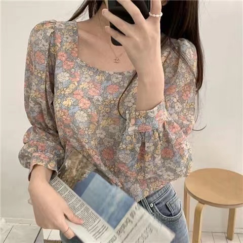 Áo Sơ Mi Chiffon Cổ Vuông Tay Dài Dáng Rộng In Họa Tiết Hoa Phong Cách Hàn Quốc Cổ Điển Thời Trang Mùa Thu Cho Nữ