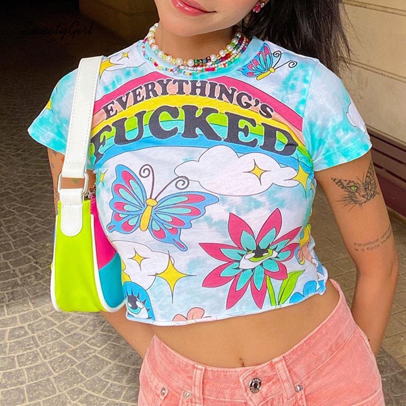 Áo Croptop Tay Ngắn Cổ Tròn In Họa Tiết Nhiều Màu Sắc Dành Cho Nữ