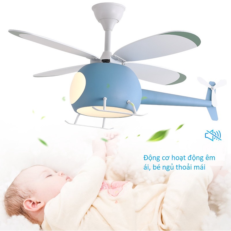 Quạt trần đèn trang trí phòng trẻ em hình máy bay trực thăng, động cơ AC 90W, độ ồn thấp, bảo hành 5 năm .