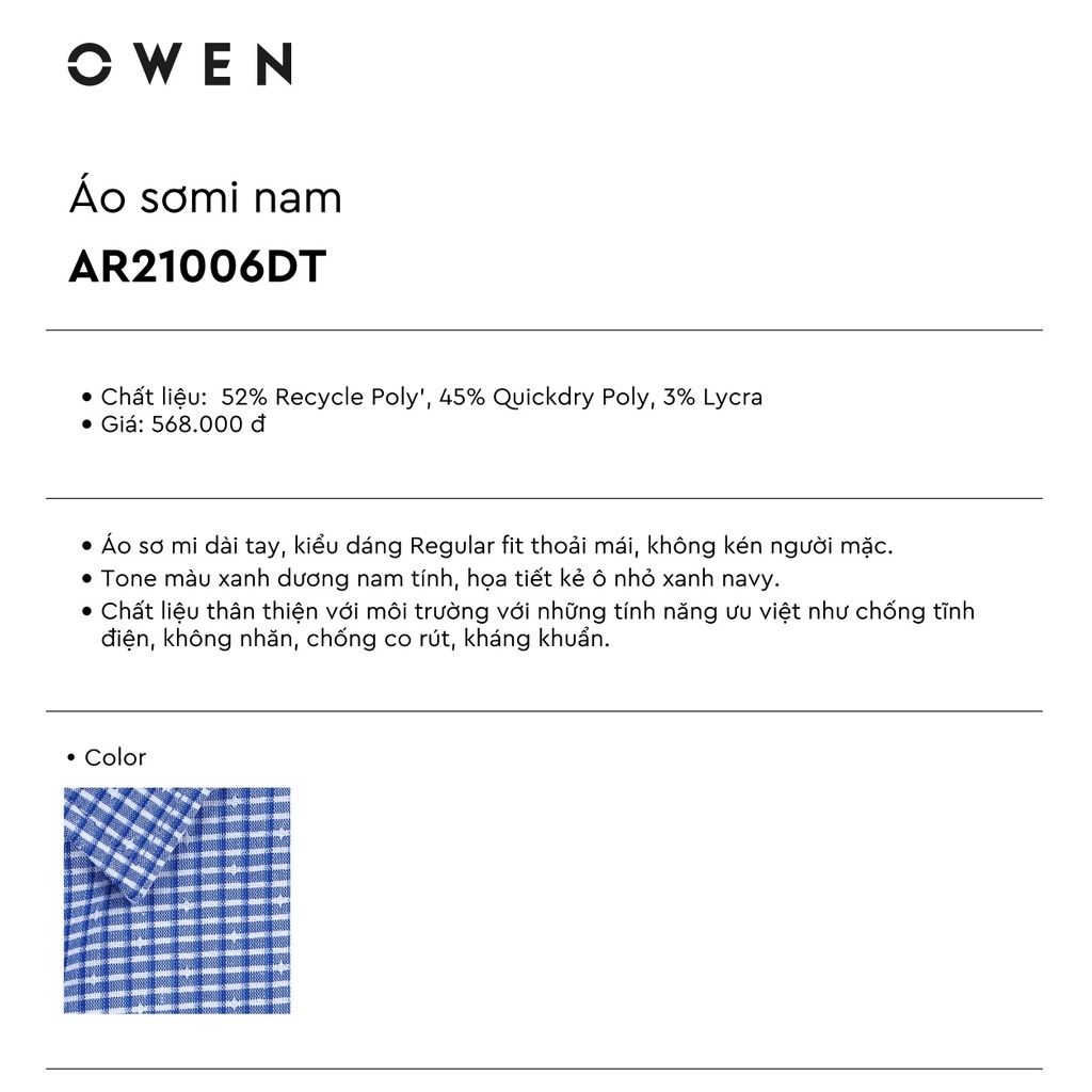 Áo Sơ Mi Nam Dài Tay Owen AR21006DT Somi Công Sở Cao Cấp Màu Kẻ Caro Xanh Navy Dáng Suông Có Túi Vải Sợi Bạch Đàn Mềm Má | BigBuy360 - bigbuy360.vn