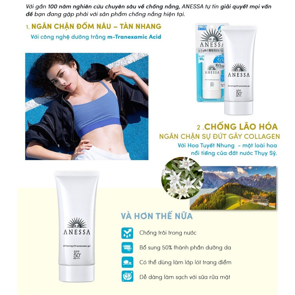 Gel Chống Nắng Anessa Dưỡng Sáng Da SPF50+/PA++++ 90g Whitening UV Sunscreen Gel Chính Hãng