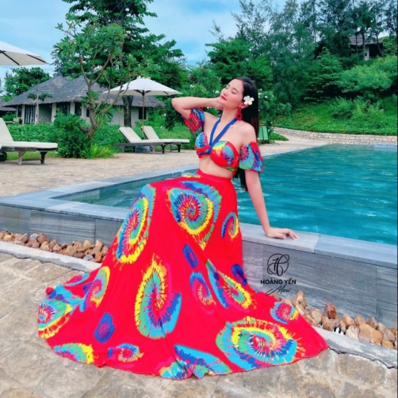 Set bikini đi biển, váy đi biển hoạ tiết đỏ, đầm maxi đi biển loang màu HOANGYEN