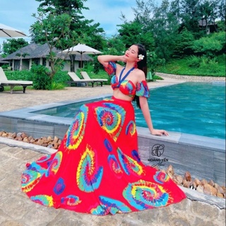 Set bikini đi biển, váy đi biển hoạ tiết đỏ, đầm maxi đi biển loang màu HOANGYEN