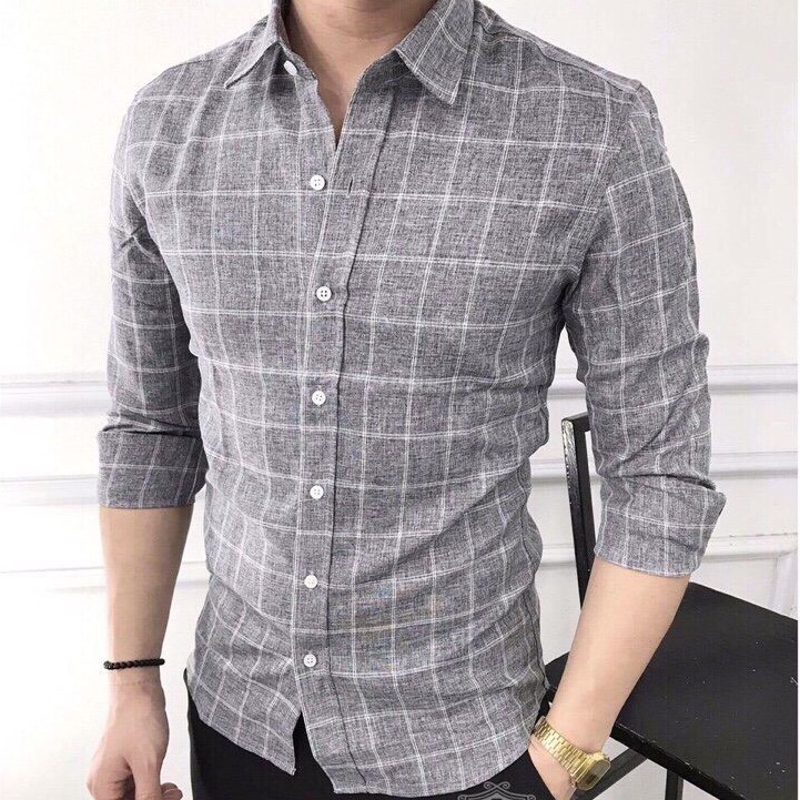 Áo sơ mi nam Ghi Xám Kẻ Ca Rô dài tay chuẩn thiết kế Hàn Quốc(SMLD) | BigBuy360 - bigbuy360.vn