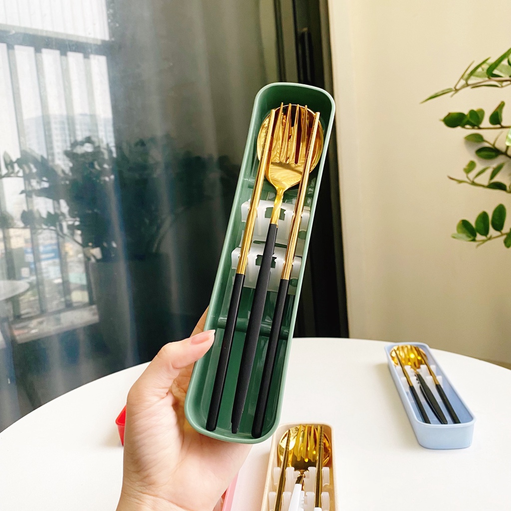 Bộ thìa đũa muỗng dĩa inox 304 mạ vàng cán dài cao cấp - VS169