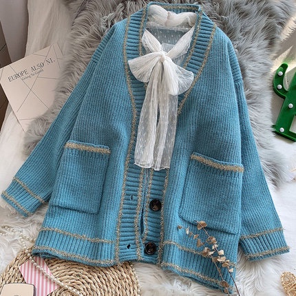 Hàng Sẵn_Áo khoác len cardigan rộng chất dày dặn áo len viền kim tuyến xu hướng thời trang