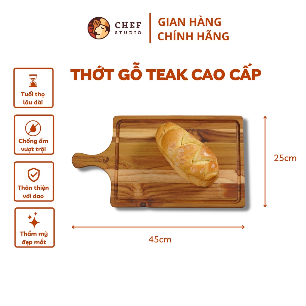 Thớt gỗ Teak Chef Studio cao cấp hình chữ nhật có rãnh và tay cầm, dùng cho cắt thái và trang trí