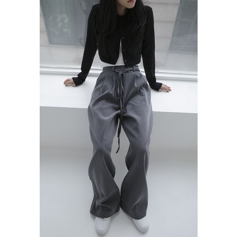 Quần ống rộng eo cao màu xám phong cách Hàn Quốc cá tính cho nữ