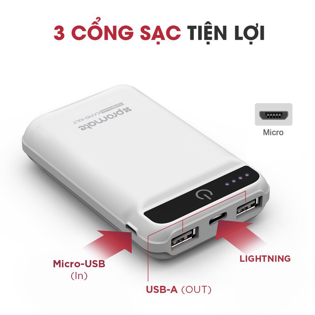 Pin Sạc Dự Phòng 10050mAh Promate CARD-10LT 2 Cổng Sạc UltraFast - Hàng Chính Hãng