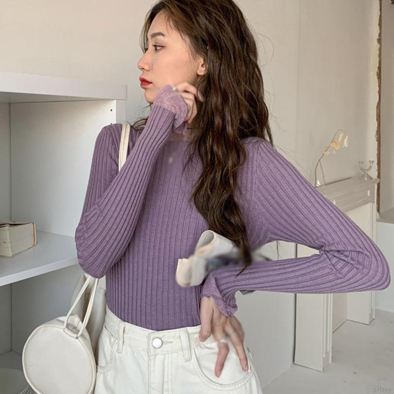 Áo Dệt Kim Dài Tay Cổ Tròn Phối Ren Màu Trơn Phong Cách Hàn Quốc