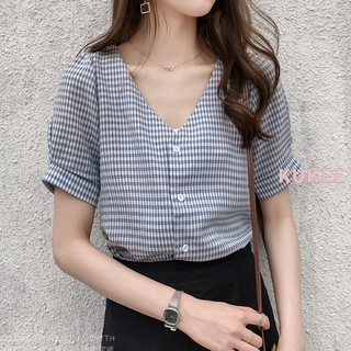 Áo sơ mi cổ chữ v dáng rộng kẻ ca-rô trẻ trung phong cách hàn quốc