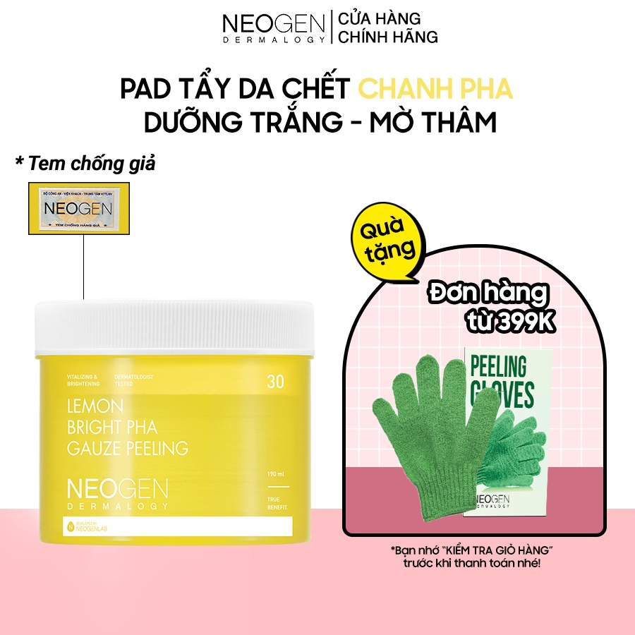 Pad Tẩy Da Chết Chiết Xuất Chanh PHA, Dưỡng Sáng Da Neogen Dermalogy Lemon Bight PHA Gauze Peeling 30 miếng