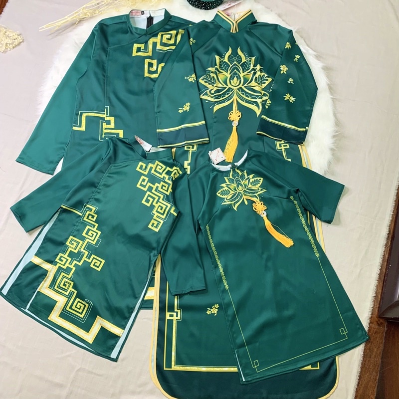 Set áo dài gia đình xanh phúc lộc áo dài gia đình cách tân nam nữ bé trai bé gái size nhỡ và bigsize mẫu áo dài tết 2022