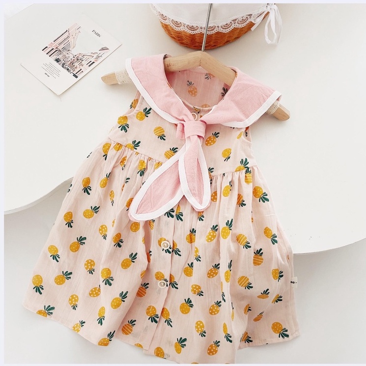 [Hàng Mới Về] Váy Họa Tiết Quả Dứa Mặc Hè Cổ Thắt Nơ Cho Bé Gái Sơ Sinh MINTSCLOSET Size Từ 1 - 5 Tuổi - GV0044