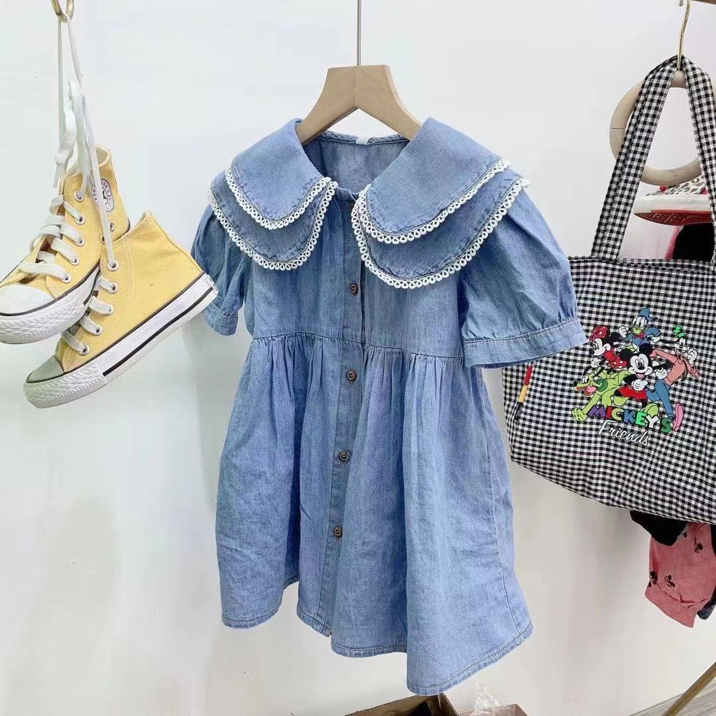 Váy Đầm Denim Cho Bé Gái Mùa Hè Dáng Suông Cổ Sen Đôi/Peter Xinh Xắn