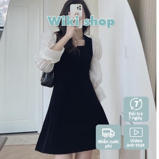 Váy đầm nữ dài tay phối voan cổ v Wikishop freesize dáng A ngắn đen xòe chất thun tiểu thư tôn dáng hàn quốc C704