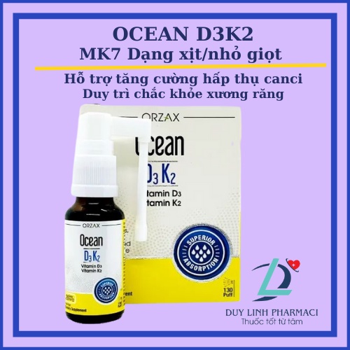 Ocean D3K2.Bổ Sung Giúp Tăng Cường Hấp Thu Canxi,Phát Triển Chiều Cao,Còi Xương.D3k2 Dạng Xịt/Nhỏ Giọt