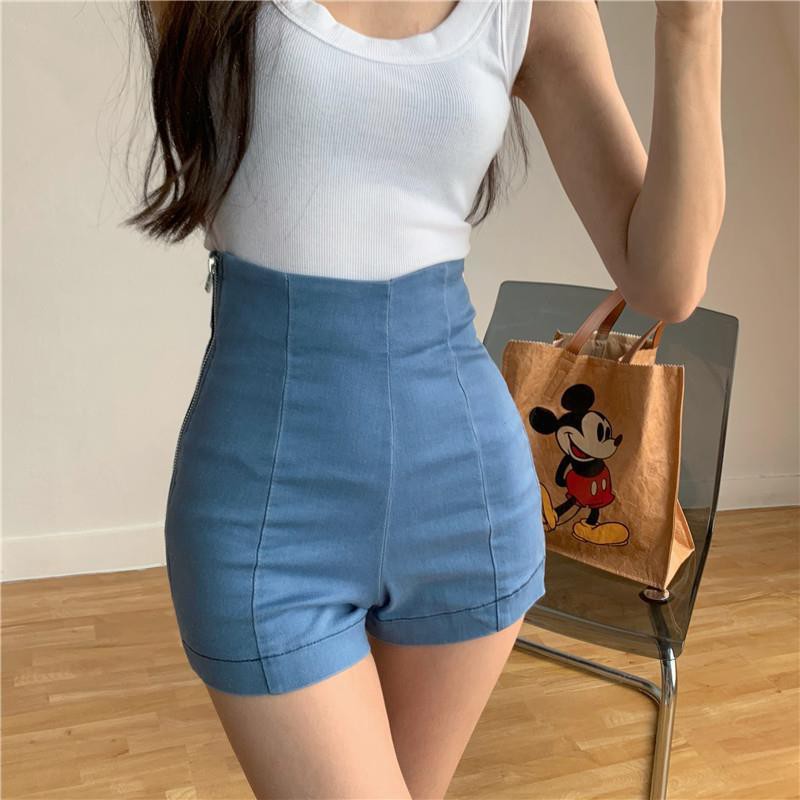 ◕☄Quần jean co giãn dây kéo bên hông cạp cao retro short ngắn chữ A ôm sát vào mùa hè Xu hướng âu nữ Hàn Quốc đa