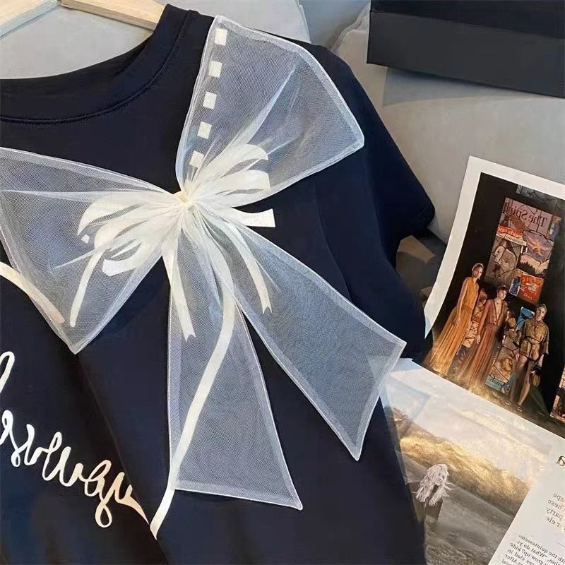 Áo Thun Tay Ngắn Dáng Rộng In Họa Tiết Thắt Nơ Thời Trang Mùa Hè Mới