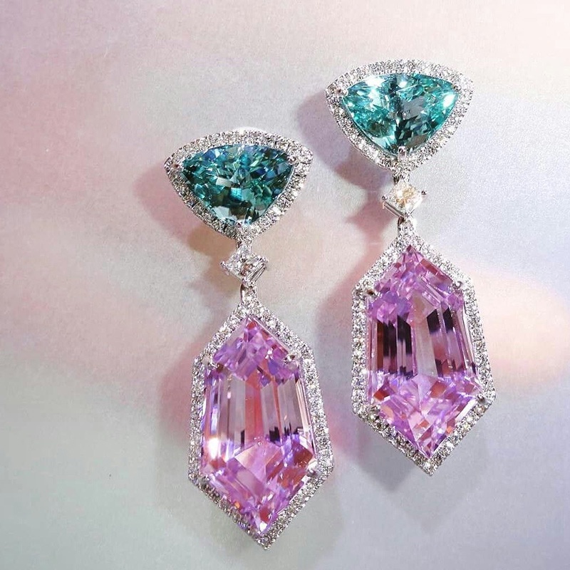 Khuyên tai Pinkdudu PD849 hợp kim dáng dài đính đá zircon màu hồng thời trang cho nữ