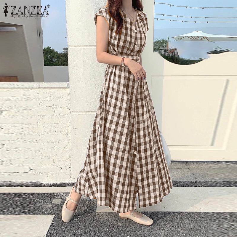 Đầm maxi Zanzea ngắn tay cổ chữ V họa tiết ca rô phong cách Hàn Quốc thời trang cho nữ