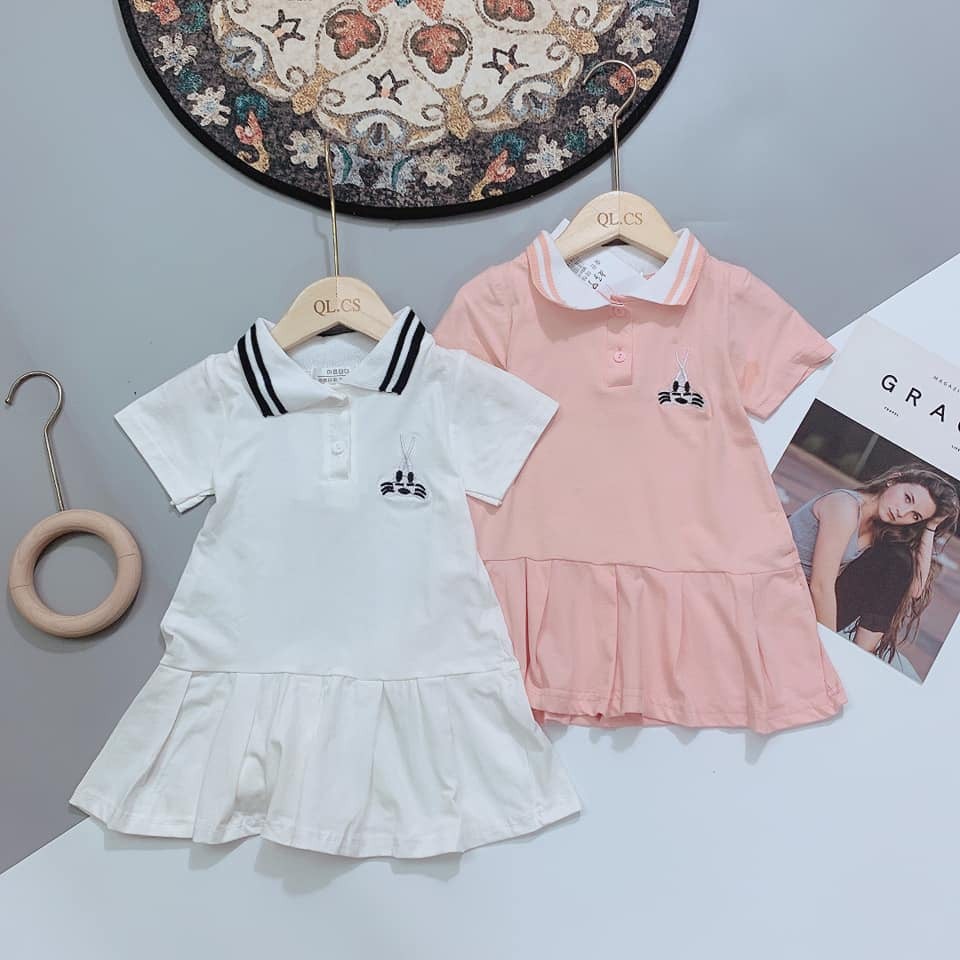 Váy đầm bé gái polo cổ bẻ thêu thỏ dáng đuôi cá chất cotton 4 chiều thấm hút co giãn mềm đẹp