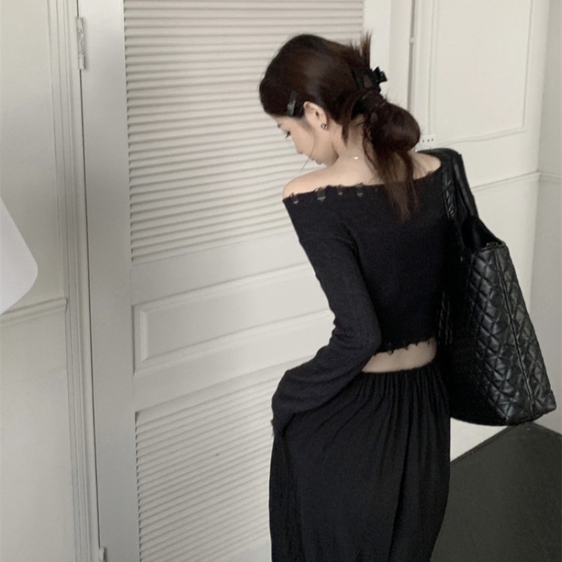 Áo Sweater Dệt Kim Mỏng Tay Dài Màu Trơn Thiết Kế Rách Cá Tính