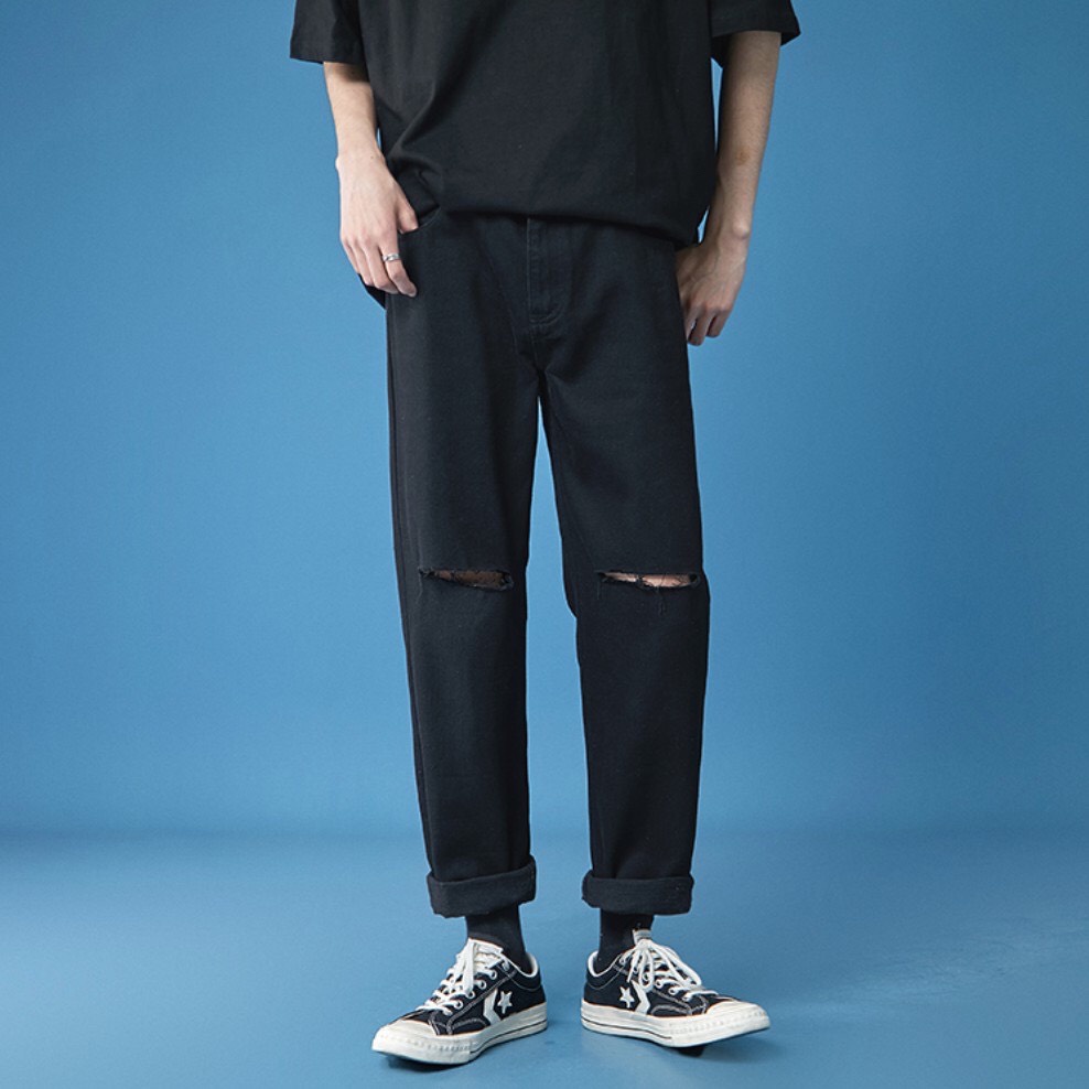[Hottrend 2021⚡⚡] [B06] Quần Jean Baggy nam rách gối ống rộng cắt gấu đen không phai màu, vải co giãn | BigBuy360 - bigbuy360.vn