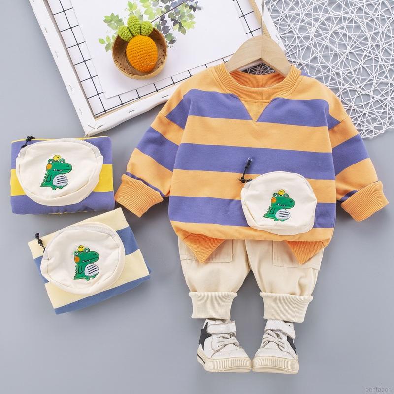 Bộ Áo Sweater Kẻ Sọc Phối Túi In Hoạt Hình Khủng Long Dễ Thương Cho Bé Trai